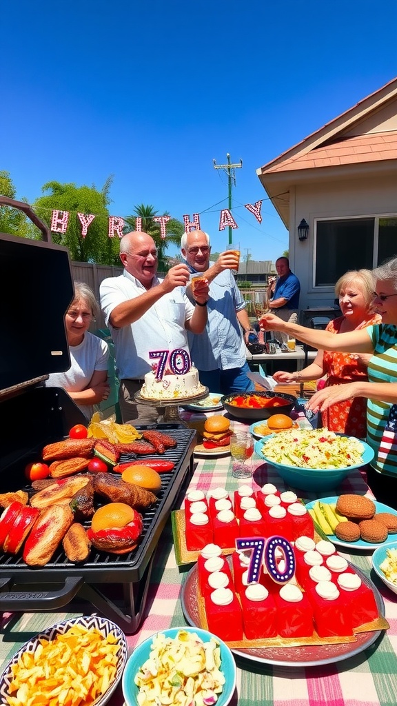A festive barbecue setup with grilled meats, side dishes, and a birthday cake, celebrating a 70th birthday.